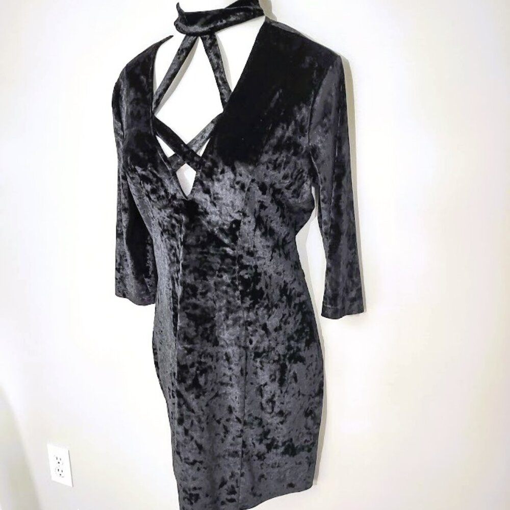 Vintage K+Glam 90s Y2K Black Crushed Velvet Goth Dress 1X - Picture 3 of 13